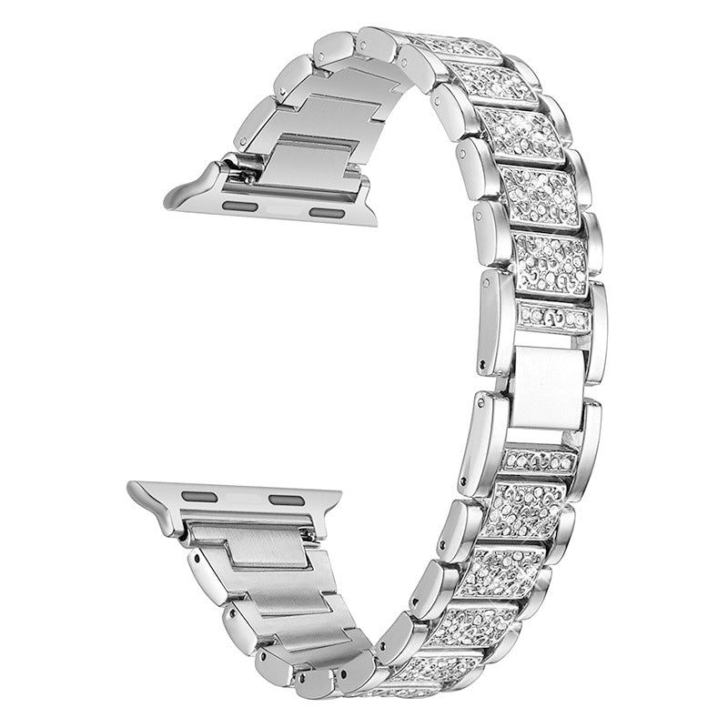 Silver stainless steel Apple Watch band with alternating cubic zirconia pave and polished metal links