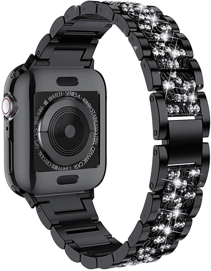 Black stainless steel smartwatch with black and crystal rhinestone diamond bracelet band