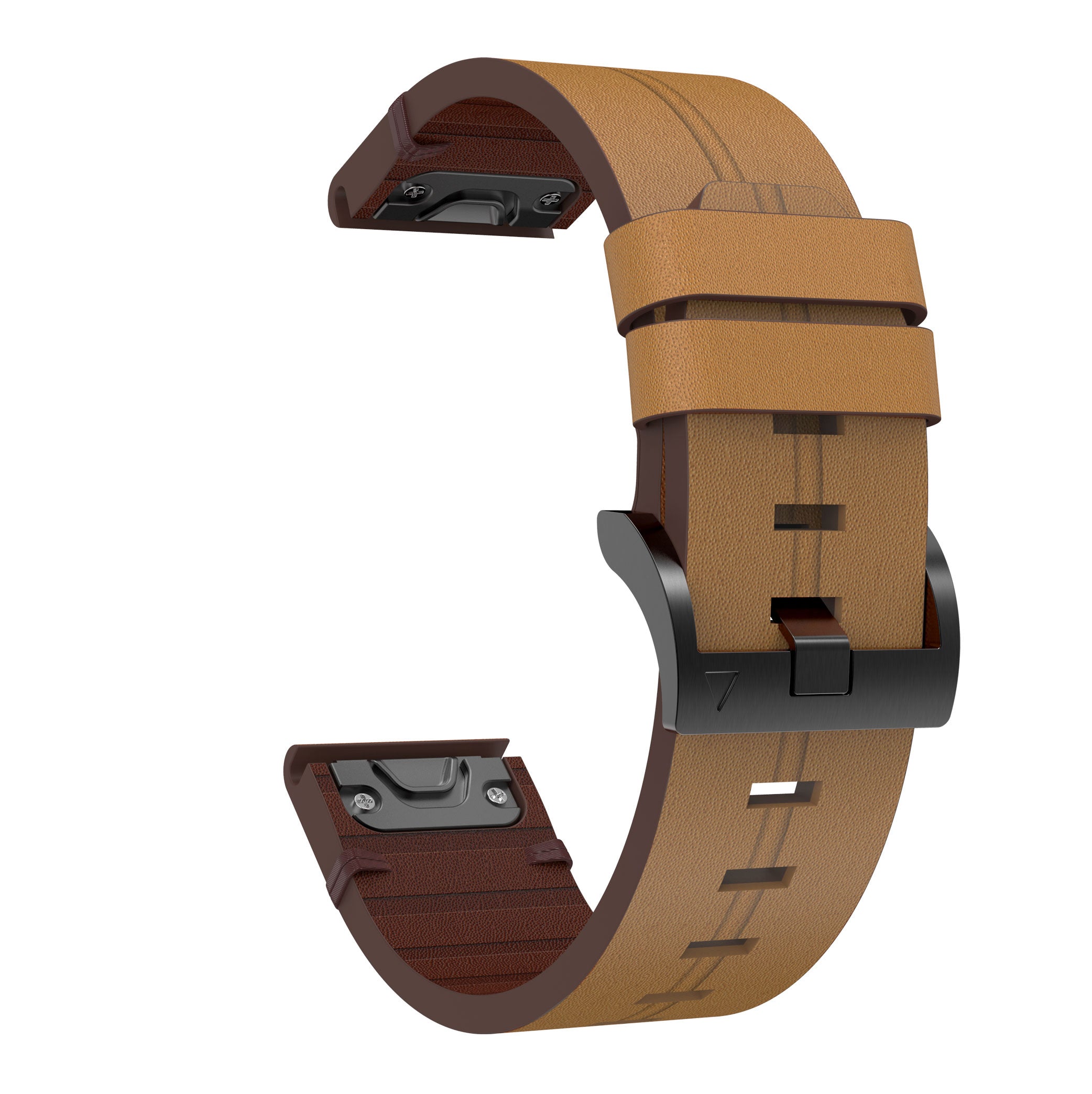 Tan leather QuickFit watch band with dark brown accents and black metal buckle clasp