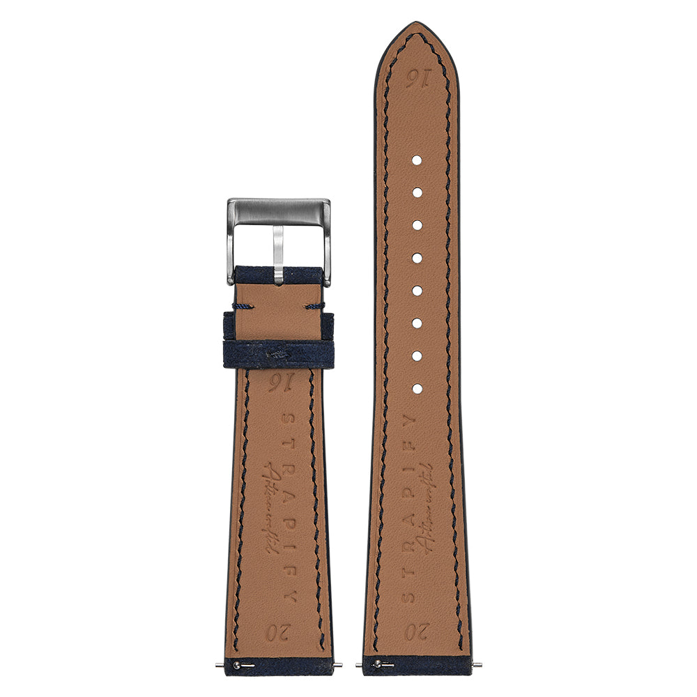 Quick release watch band in tan leather with navy blue Alcantara accent and brushed metal buckle