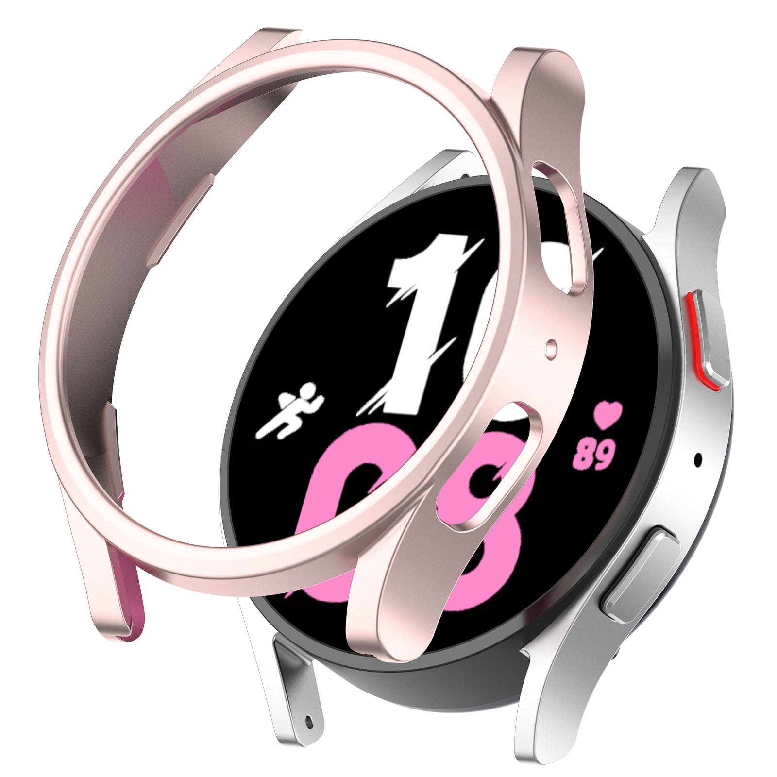 Pink protective case with bumper guard for Samsung Galaxy Watch 4 and 5, featuring shock-absorbing design and easy-access button cutouts