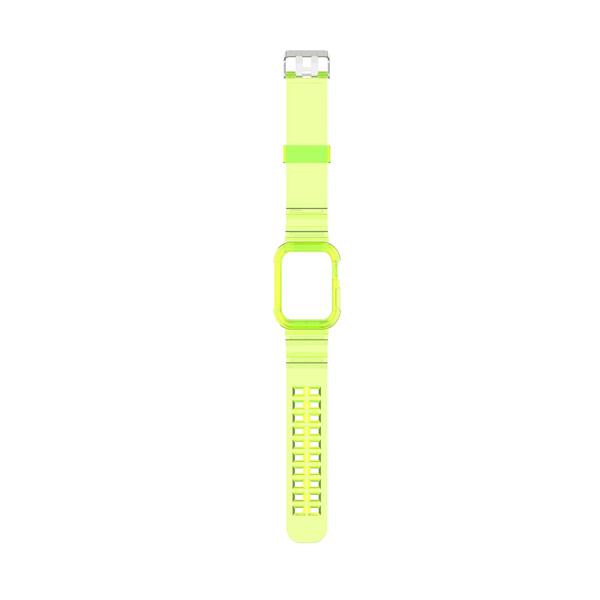 Neon yellow transparent smartwatch case with matching perforated silicone sports band and gray connector pieces