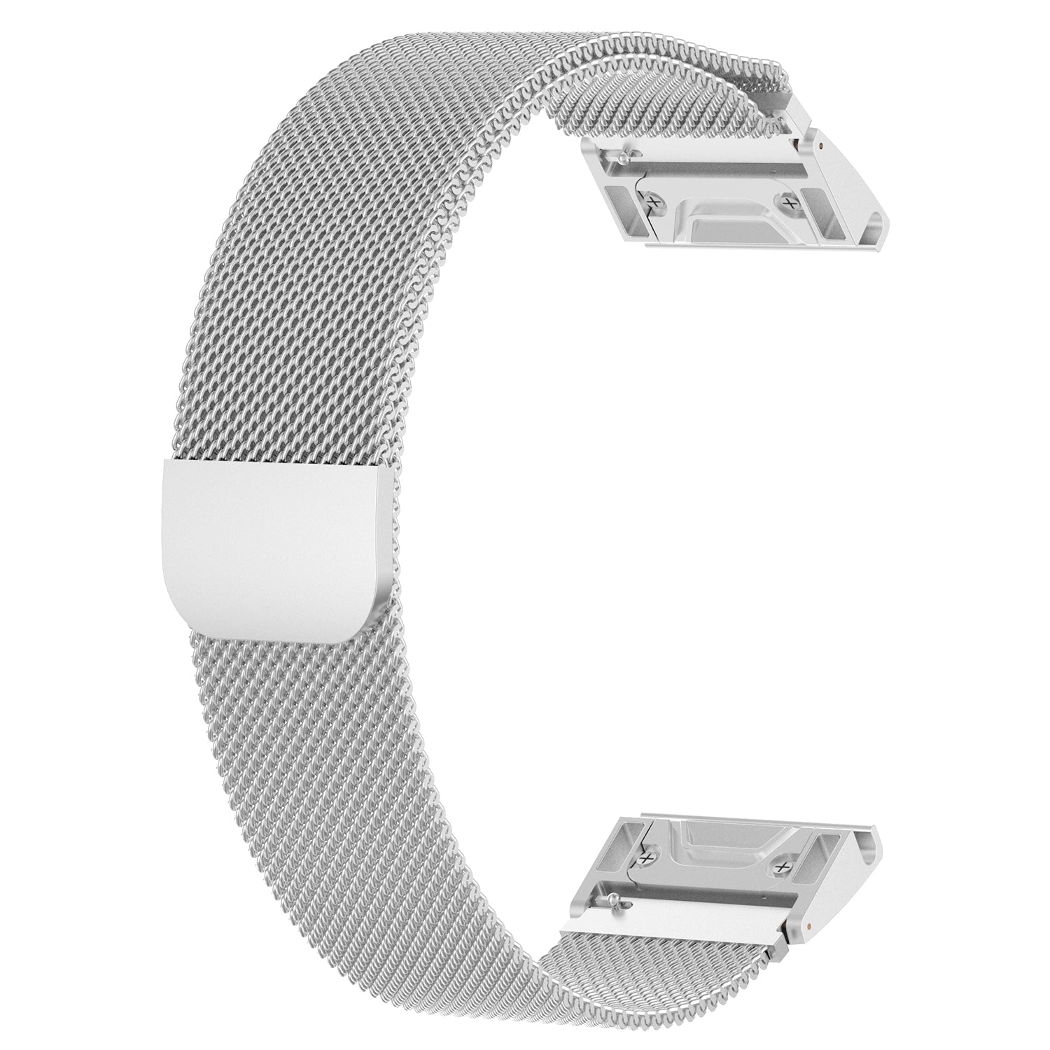 Silver stainless steel mesh Milanese watch band with quick-fit connectors and magnetic closure clasp