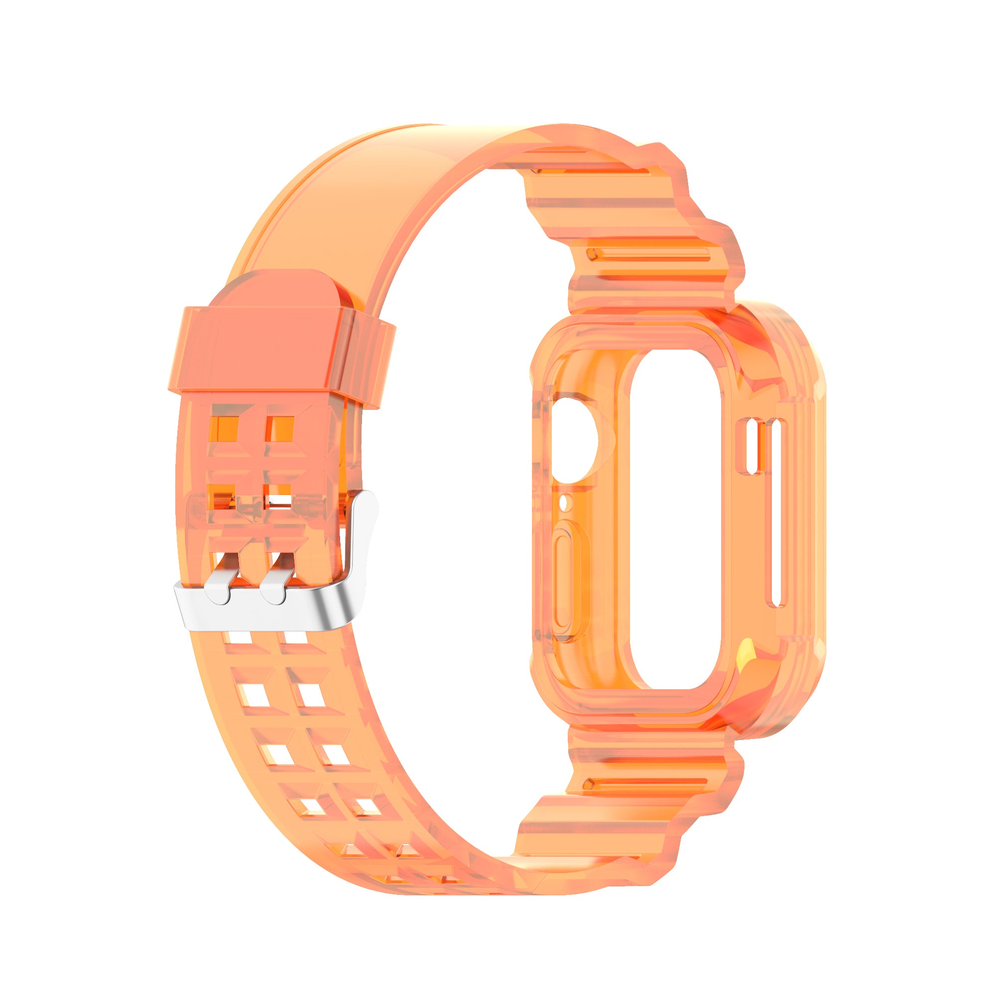 Transparent orange silicone Apple Watch case and sport band with silver stainless steel buckle connector
