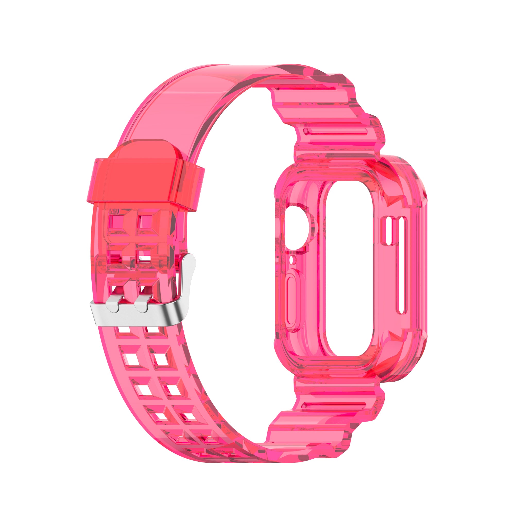 Bright pink transparent smartwatch case and sport band with stainless steel buckle for Apple Watch protection and style