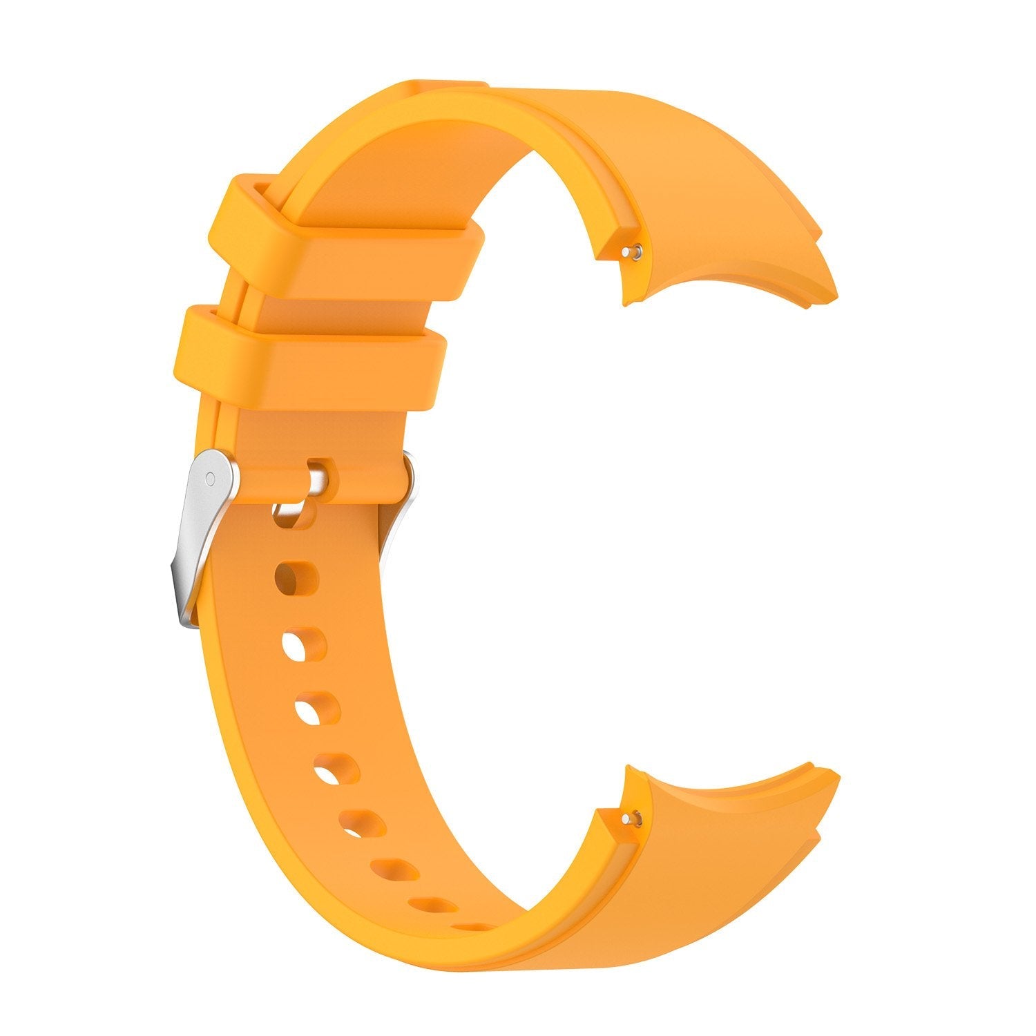 Bright orange silicone watch band with gapless flexi design, adjustable buckle closure, and perforated holes for Galaxy Watch and Vivomove HR