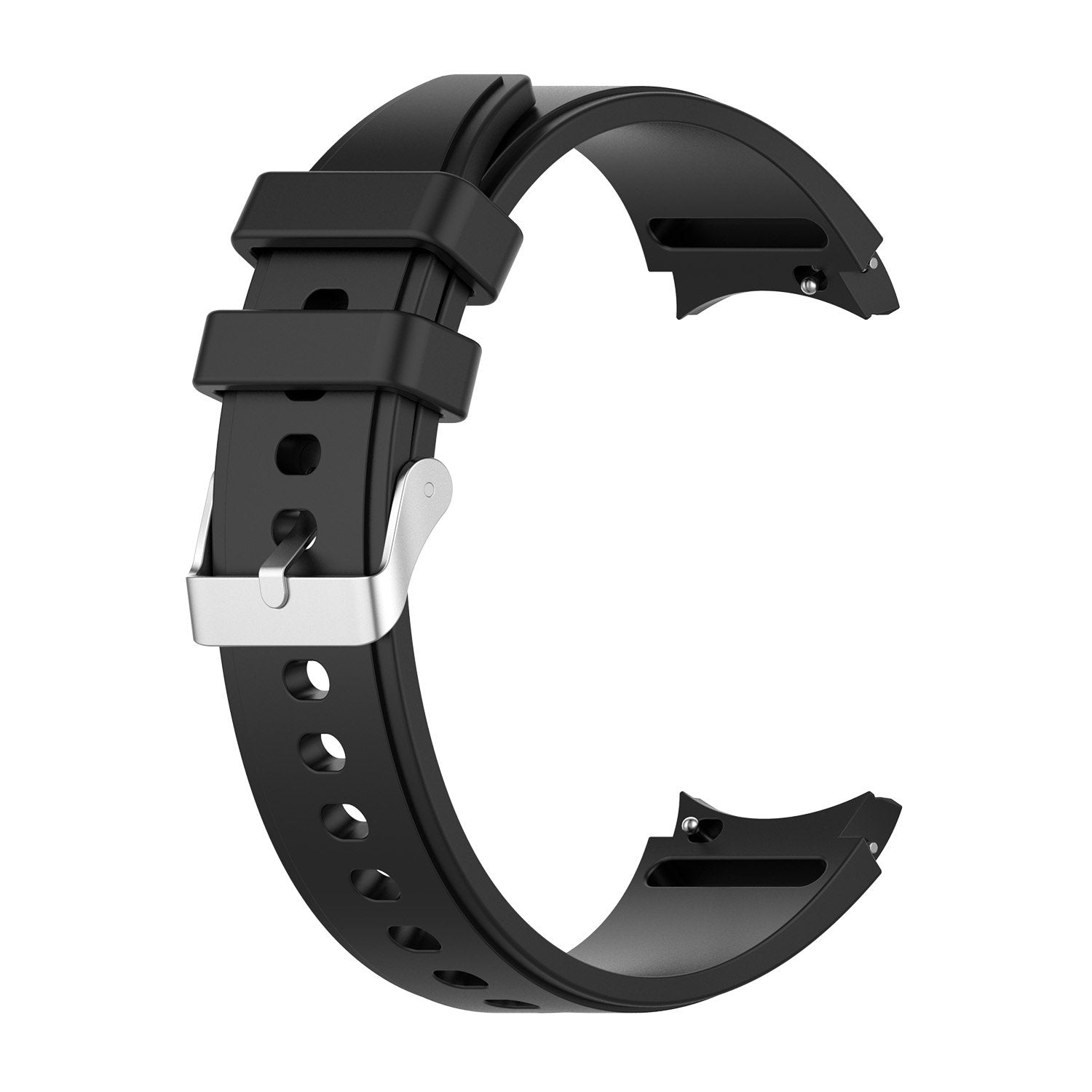 Black silicone smartwatch band with silver buckle, gapless design, adjustable fit for Galaxy Watch and Vivomove HR