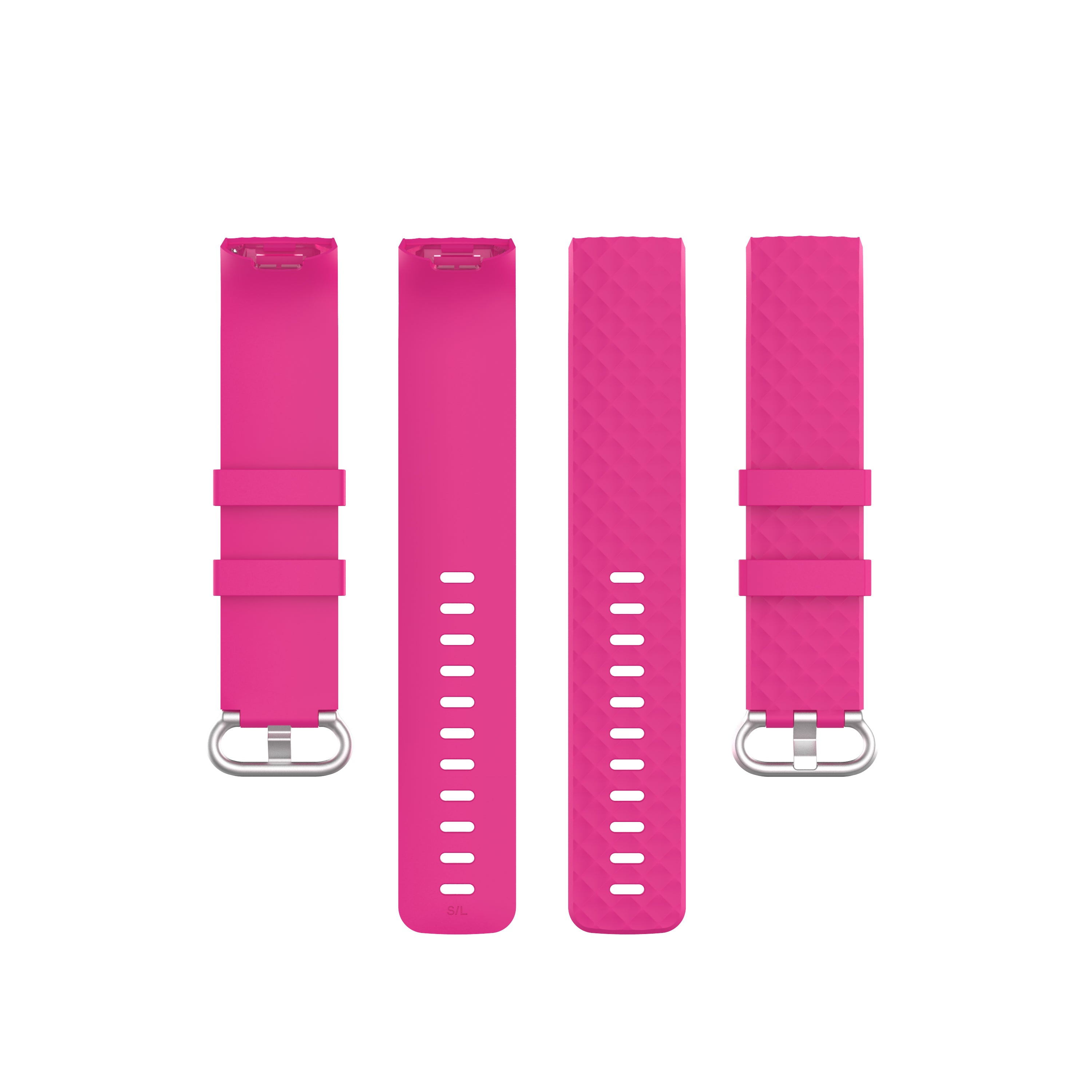 Bright pink silicone watch bands for Fitbit Charge 3 and 4 with ventilation holes and metal connectors