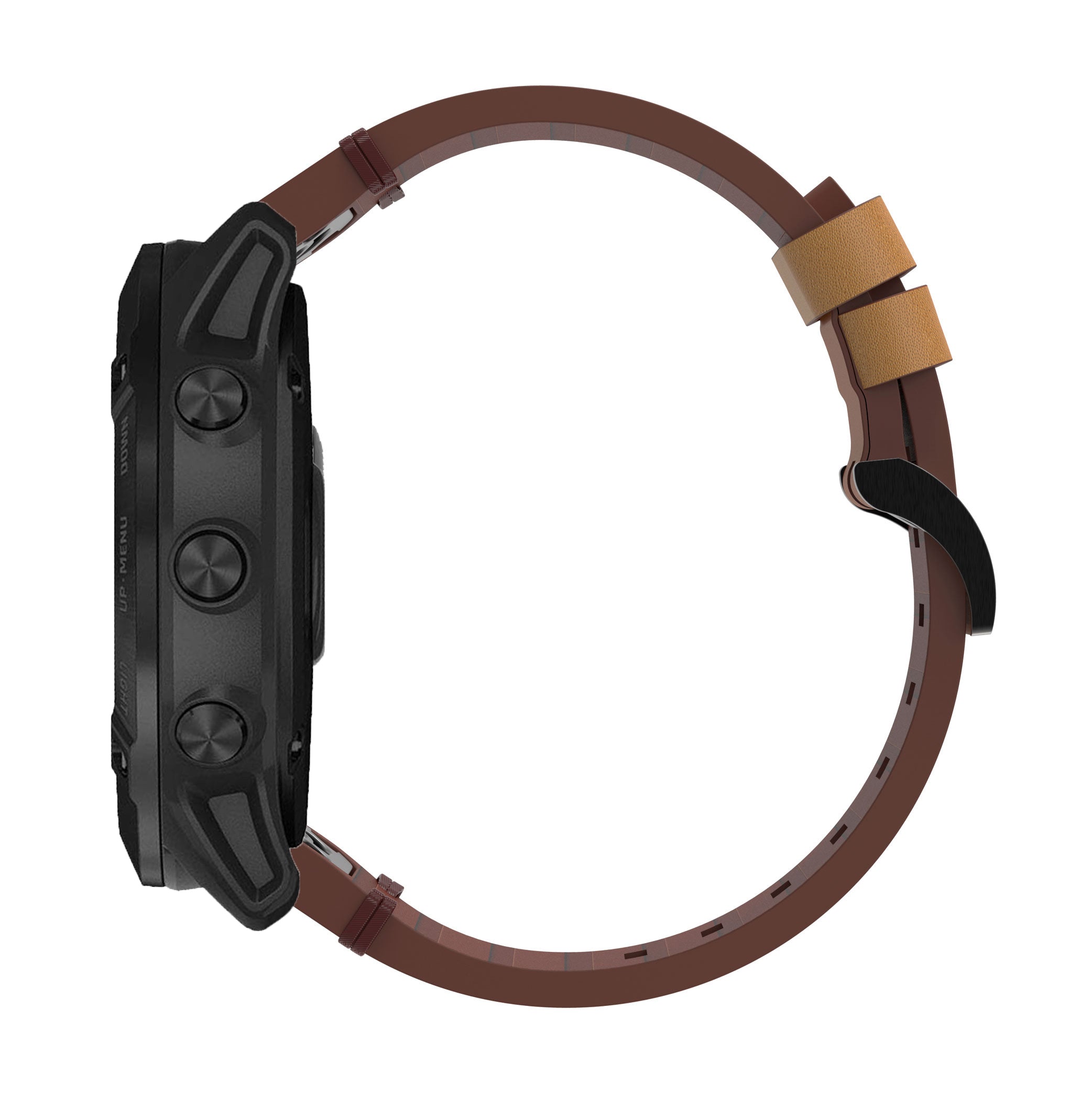 Brown leather QuickFit watch band with tan suede accents and adjustable strap for smartwatches
