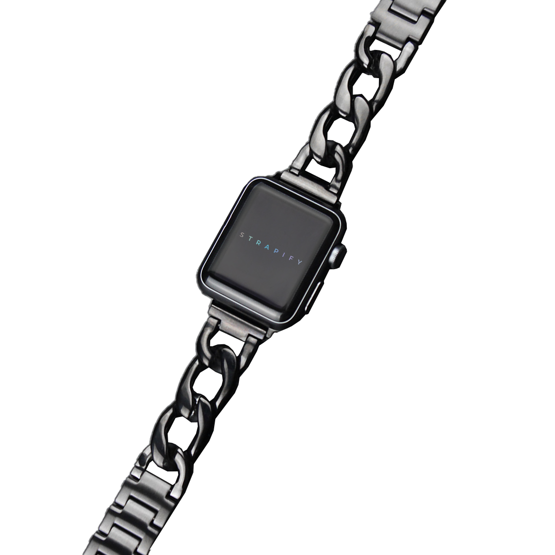 Black stainless steel chain link bracelet for Apple Watch with square face and chunky metal links