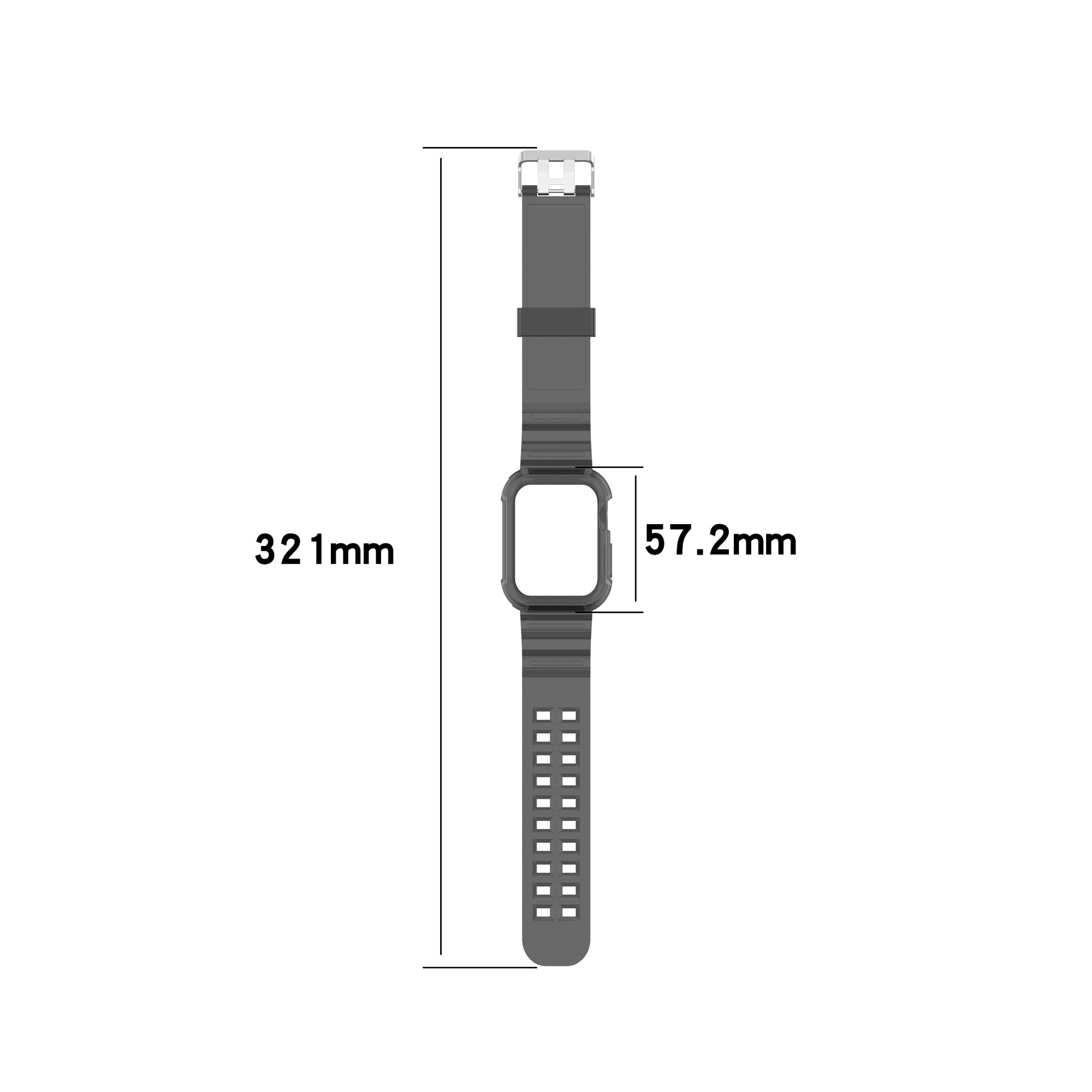 Black silicone smartwatch band with protective transparent case, 321mm total length, 57.2mm case face, adjustable sport strap with ventilation holes