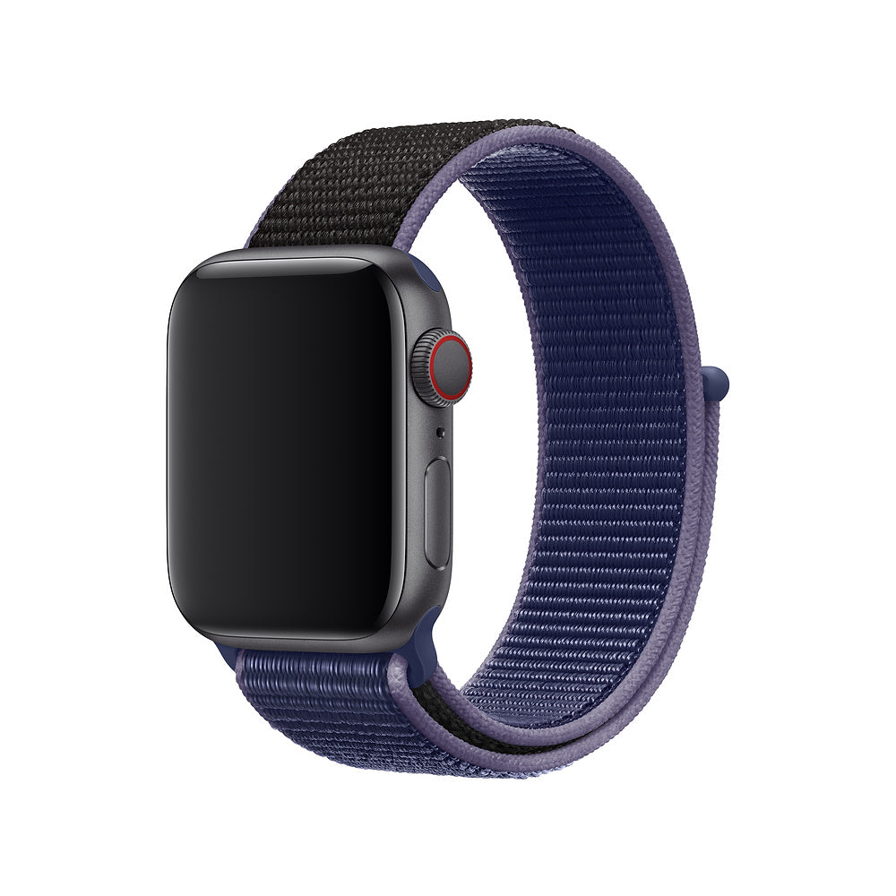 Black smartwatch with purple fabric sport loop band and red digital crown on white background