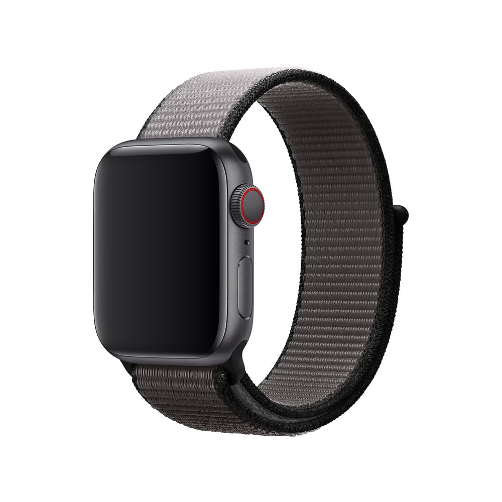 Black sport smartwatch with gray woven loop band and red digital crown isolated on white background