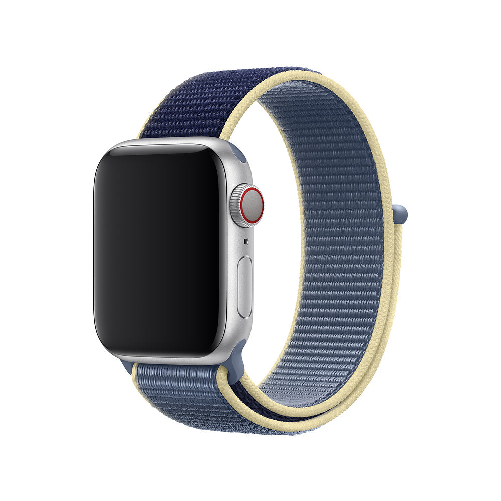 Silver aluminum smartwatch with navy and cream sports loop velcro band, featuring red digital crown