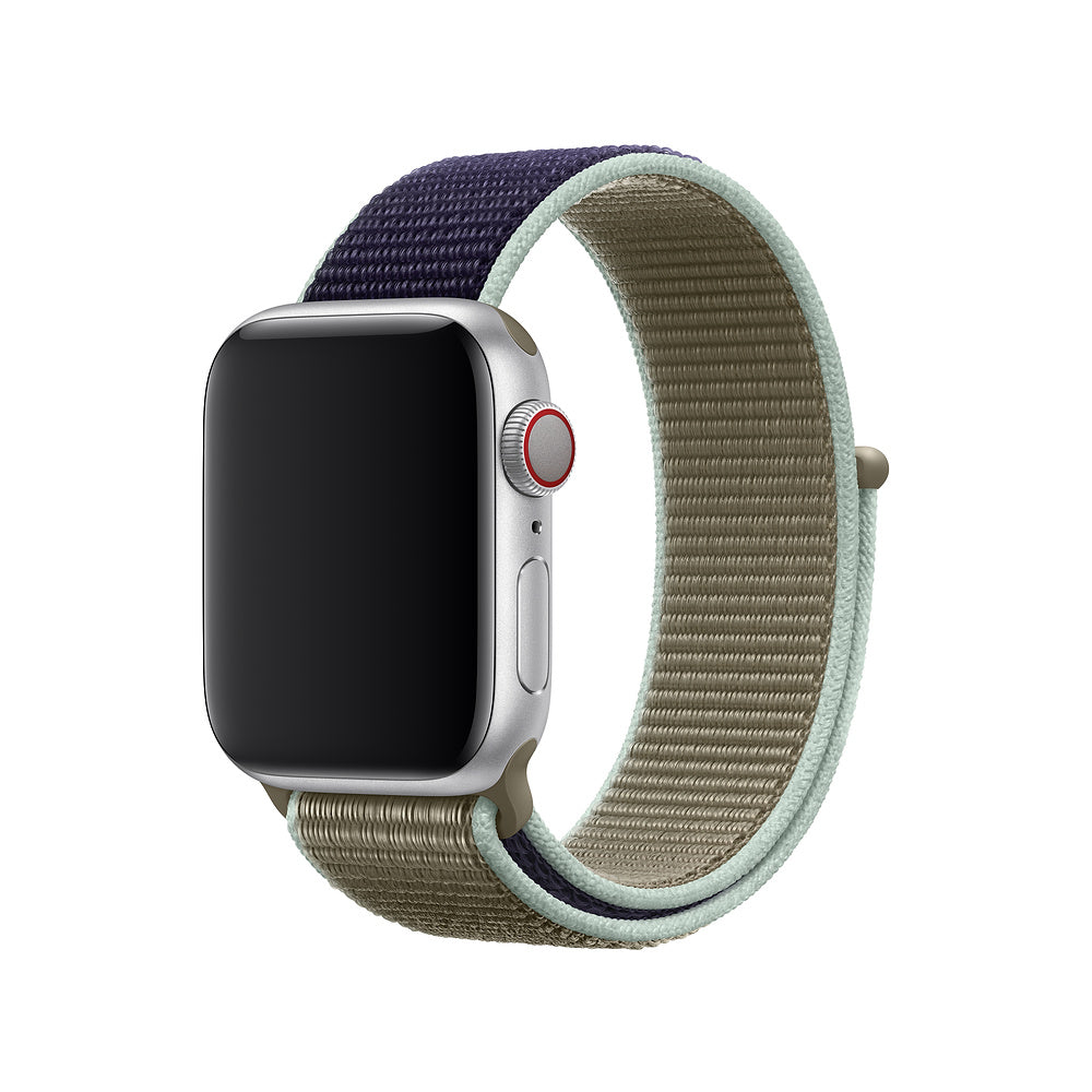 Silver Apple Watch with dual-color sport loop band in navy and sage green velcro fabric with red digital crown
