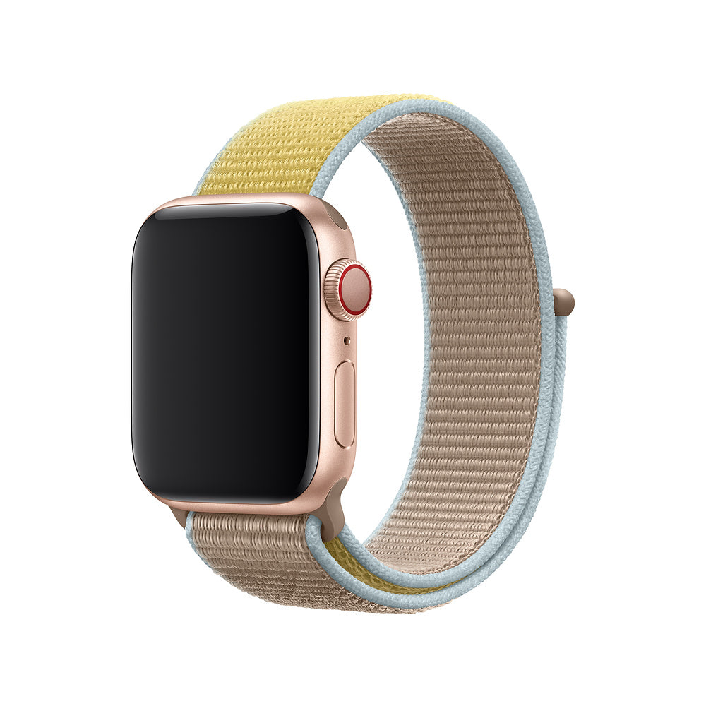 Rose gold smartwatch with yellow and beige sport loop band featuring velcro closure and red digital crown