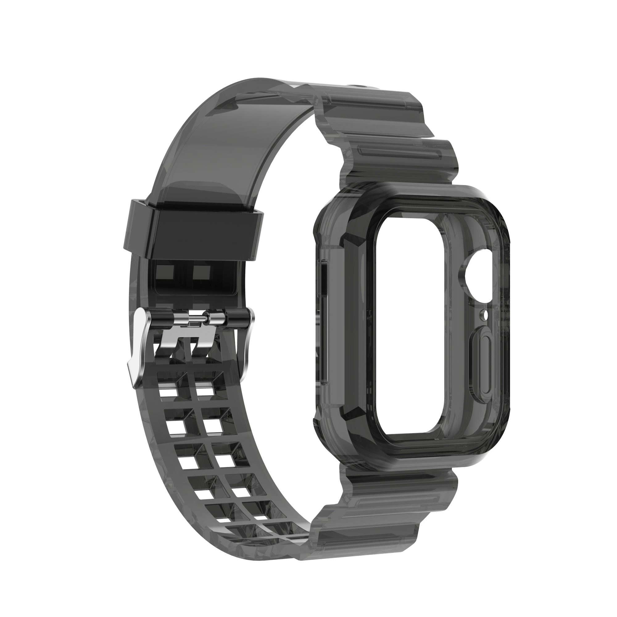 Black silicone sport strap and transparent protective case for Apple Watch with grid pattern band and metal buckle