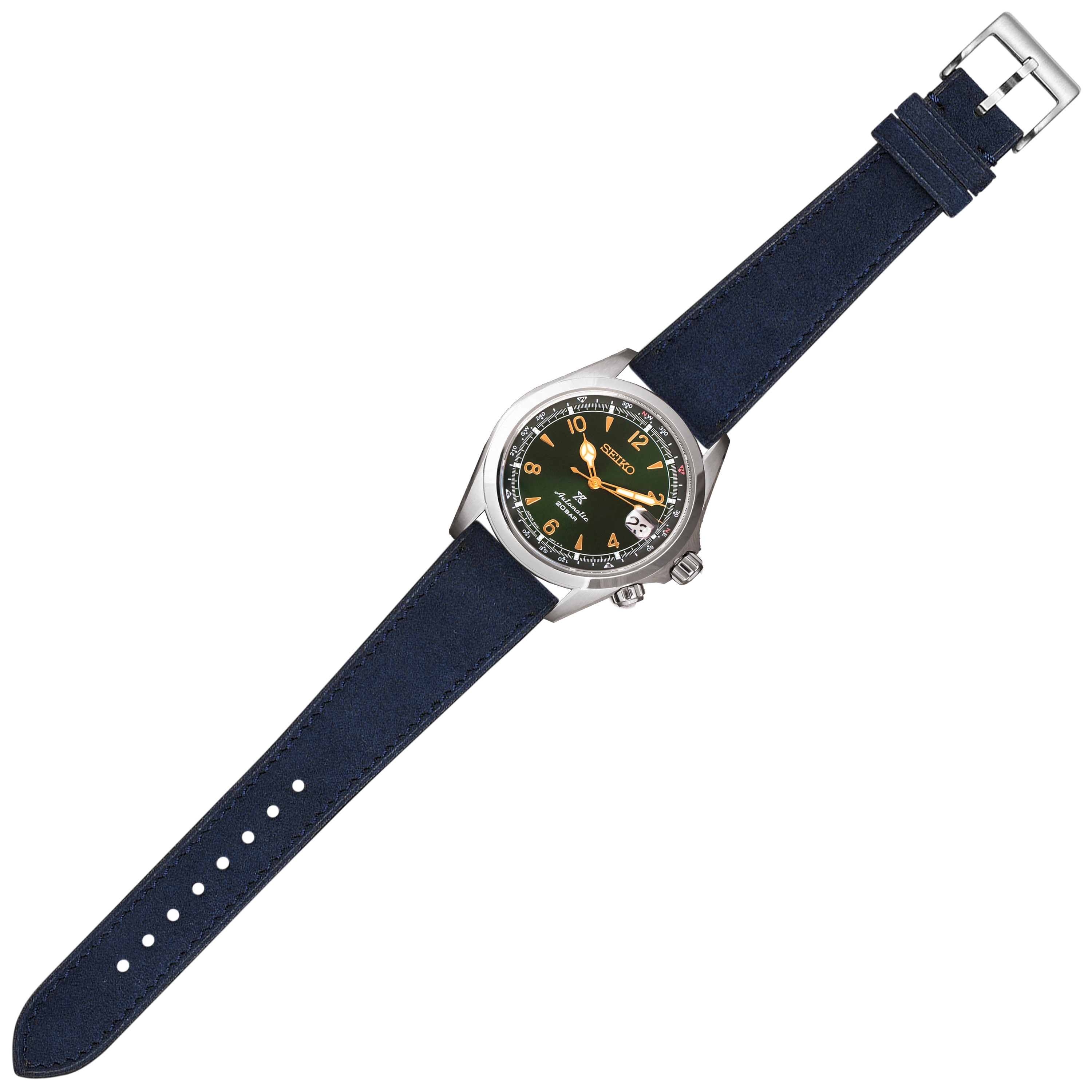Seiko Prospex watch with stainless steel case, black dial, orange hands, and navy blue quick-release Alcantara leather strap