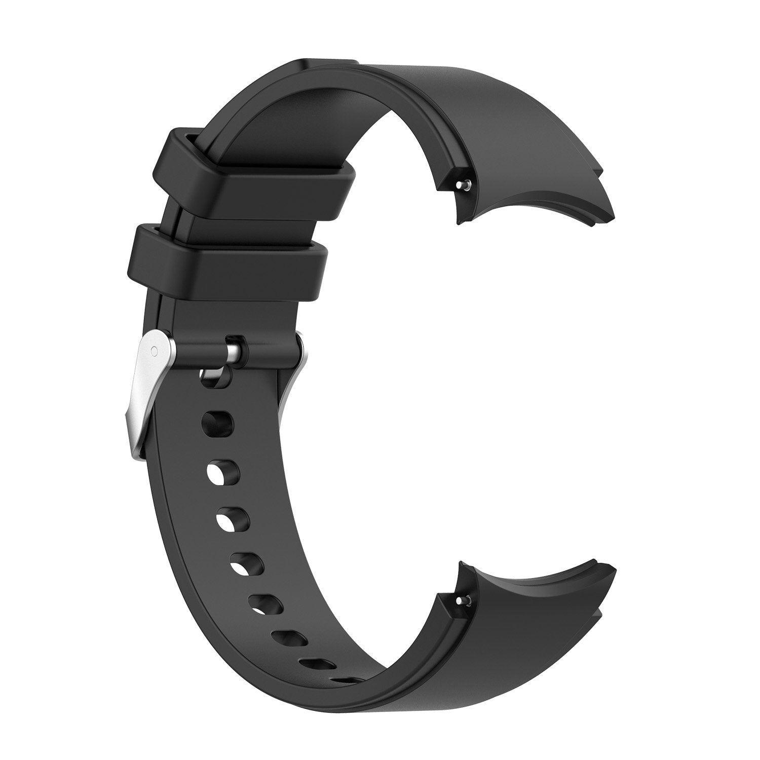 Black silicone watch band with gapless flexi design, adjustable holes, and metal buckle clasp for Galaxy Watch and Vivomove HR