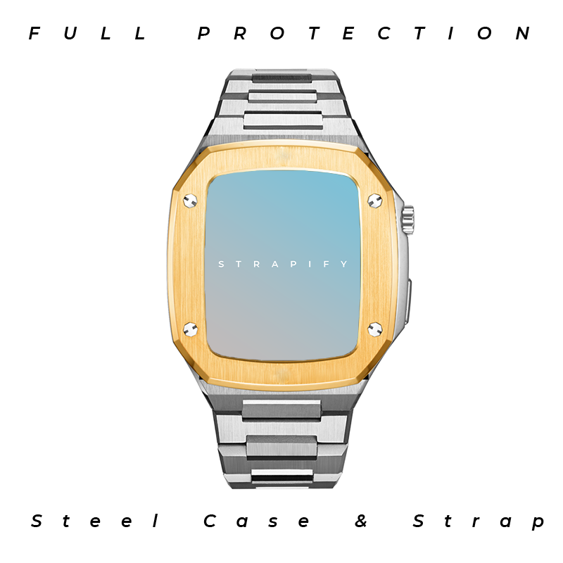 Strapify luxury gold bezel smartwatch with steel case and silver metal bracelet band