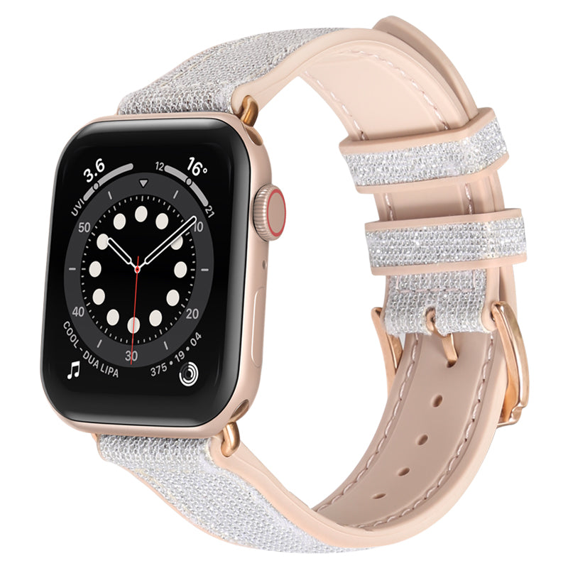 Rose gold smartwatch with black dial and white sparkle hybrid band featuring textured fabric and leather straps