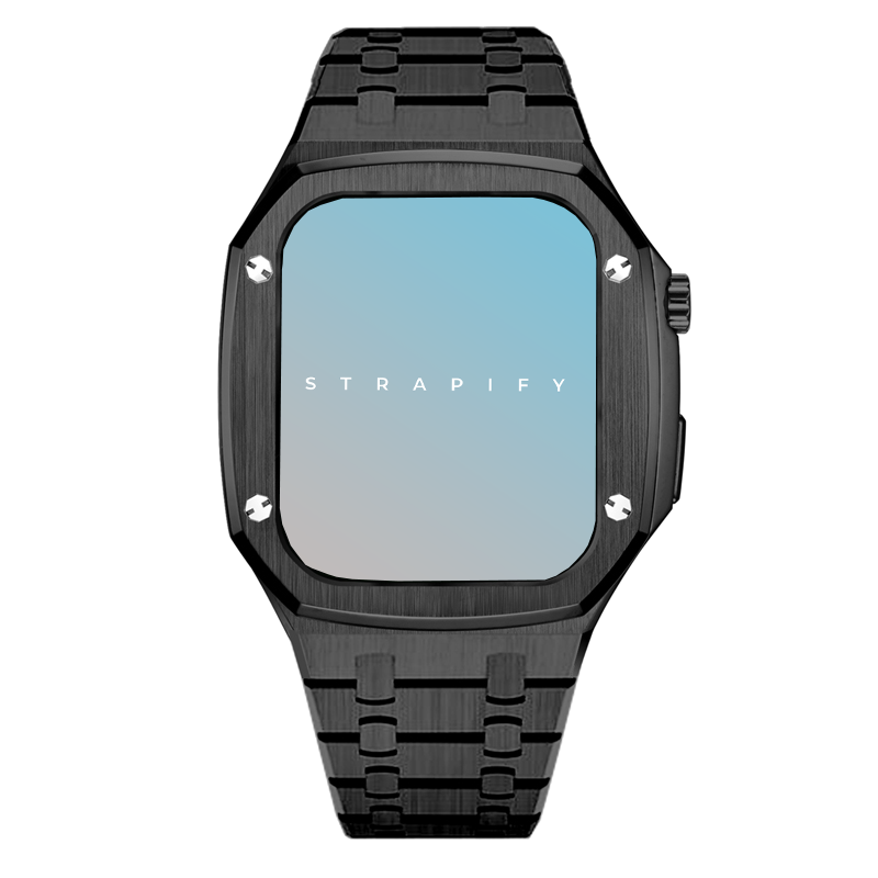 Black stainless steel luxury Apple Watch case with matching metal bracelet and light blue display screen