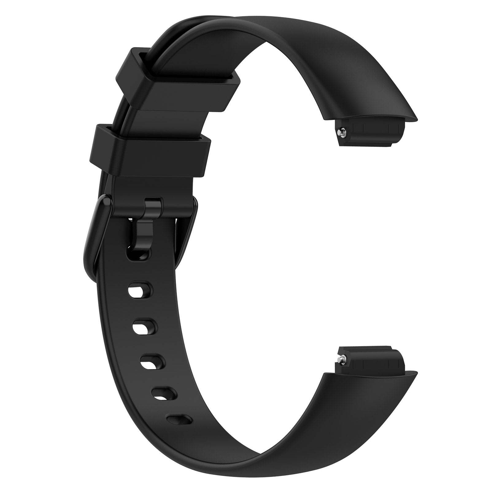 Black silicone watch band for Fitbit Inspire 3 with adjustable buckle closure and ventilation holes