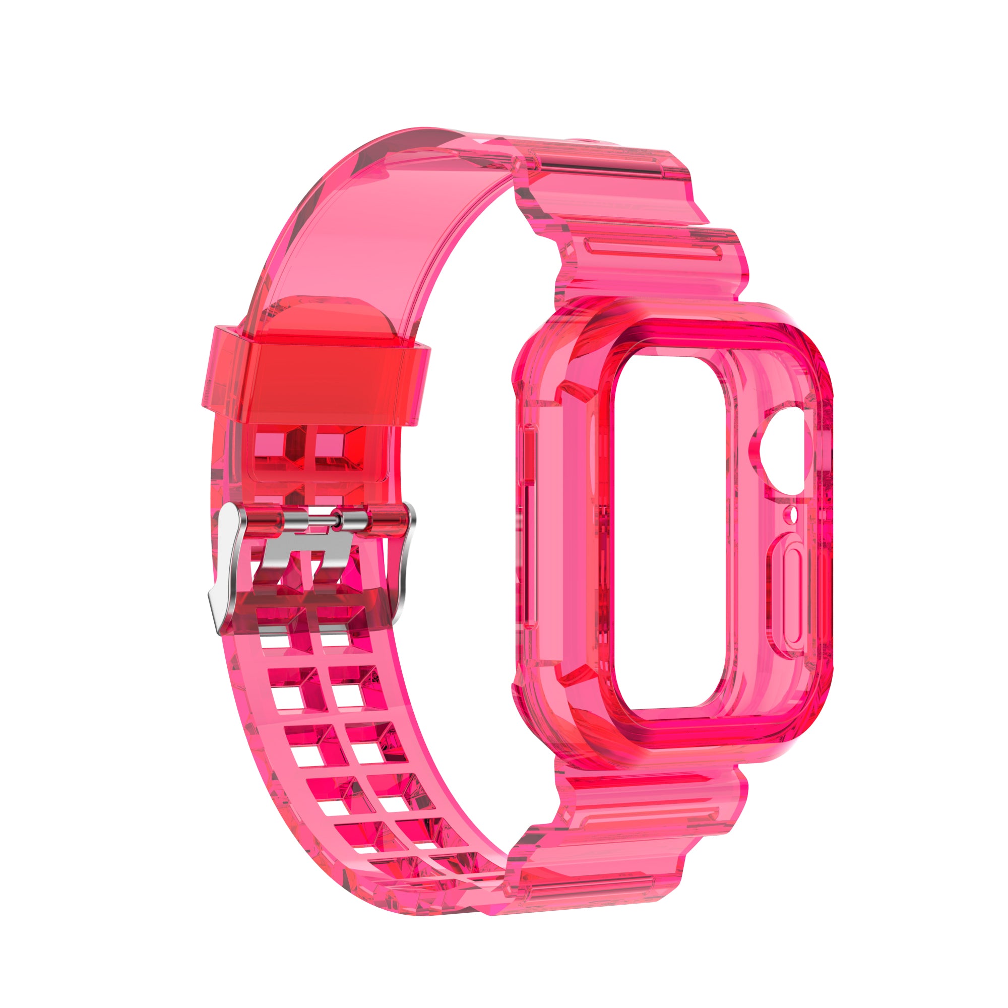 Transparent hot pink protective case and sport band for Apple Watch with grid pattern strap and metal buckle