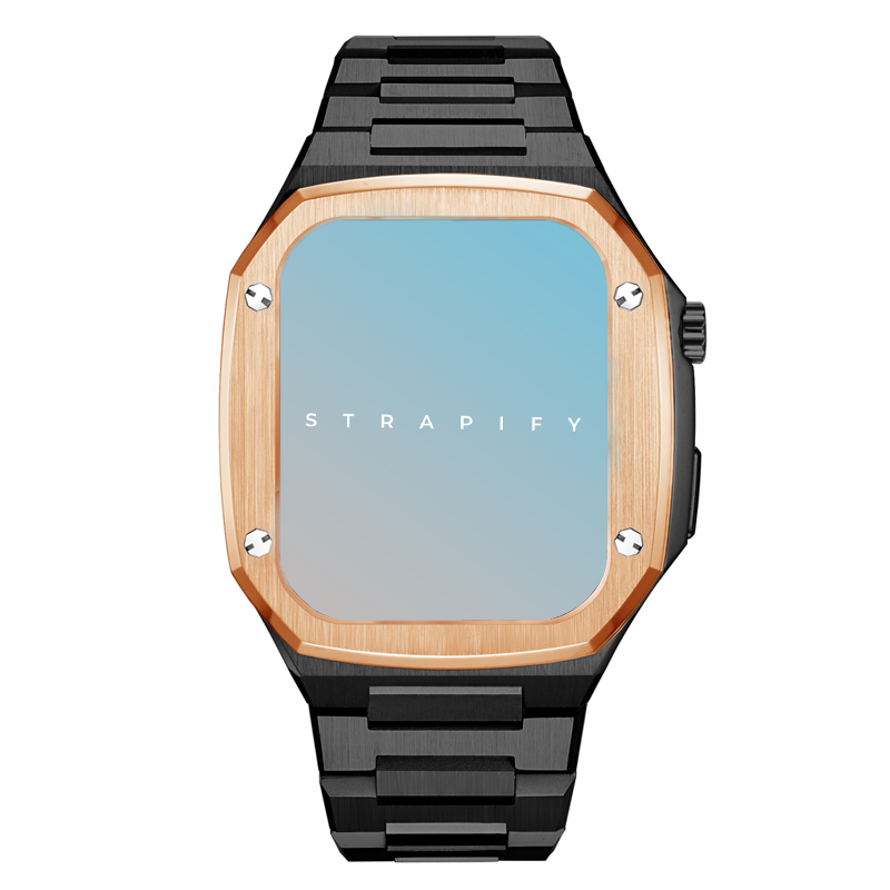 Strapify rose gold and black steel smartwatch case with metal link bracelet and blue digital display