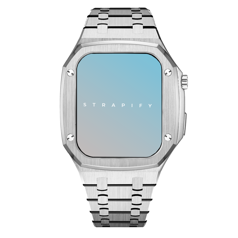 Silver stainless steel luxury smartwatch with rectangular case, blue display, and matching metal link bracelet band