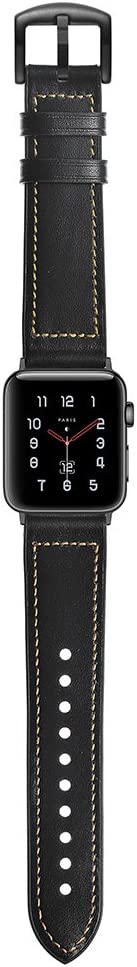 Black leather hybrid Apple Watch band with tan stitching and silicone backing, shown with stainless steel watch case and adjustable strap