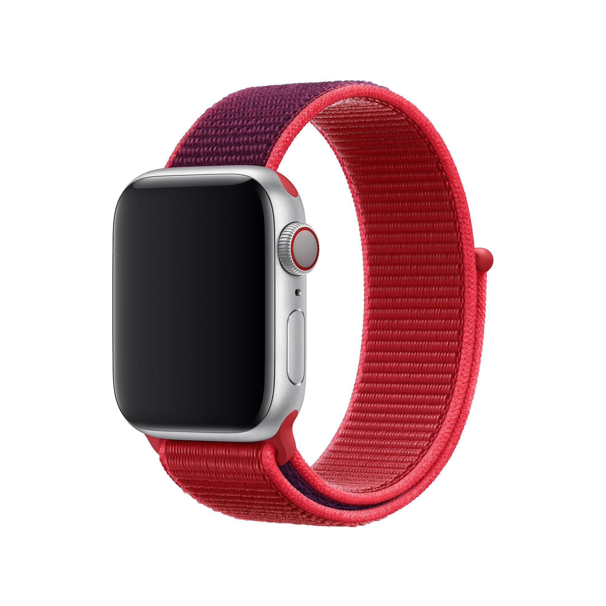 Silver smartwatch with red and burgundy woven sport loop band featuring velcro closure