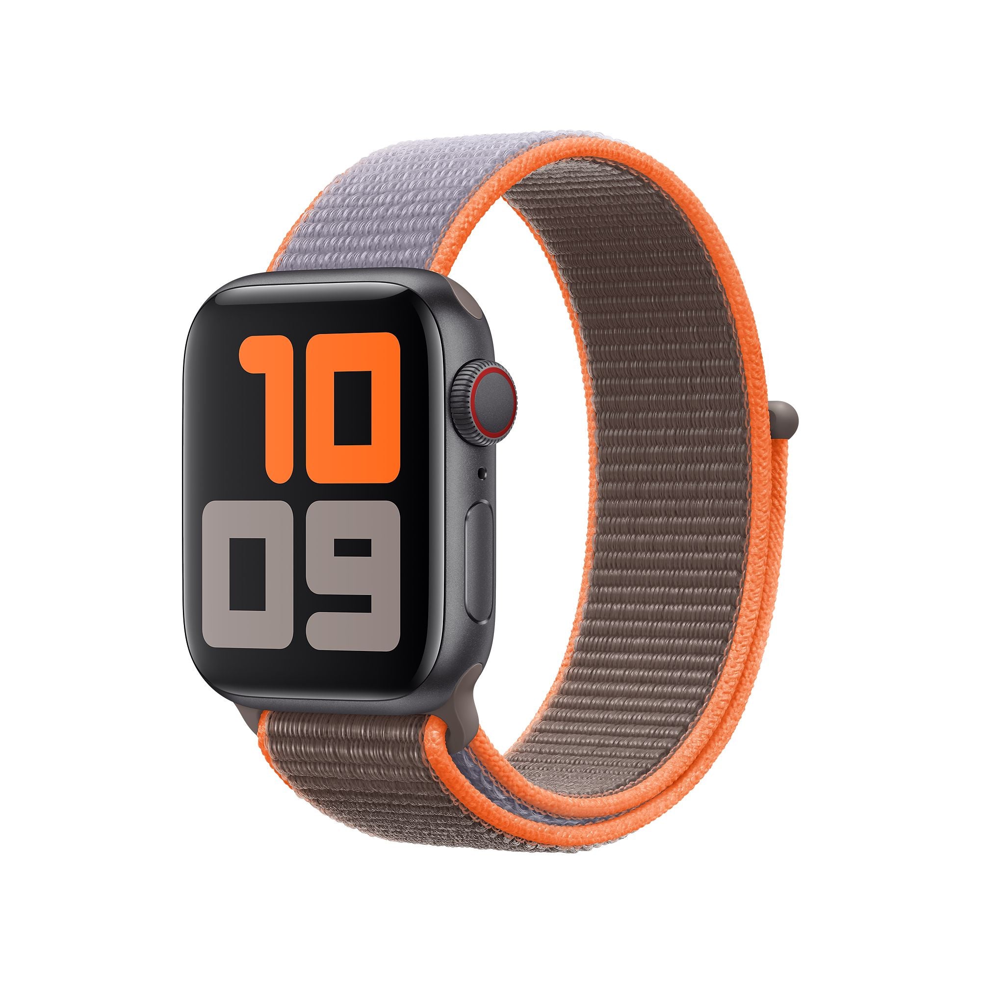 Black smartwatch with orange and gray fabric sport loop band displaying 10:09 on digital screen