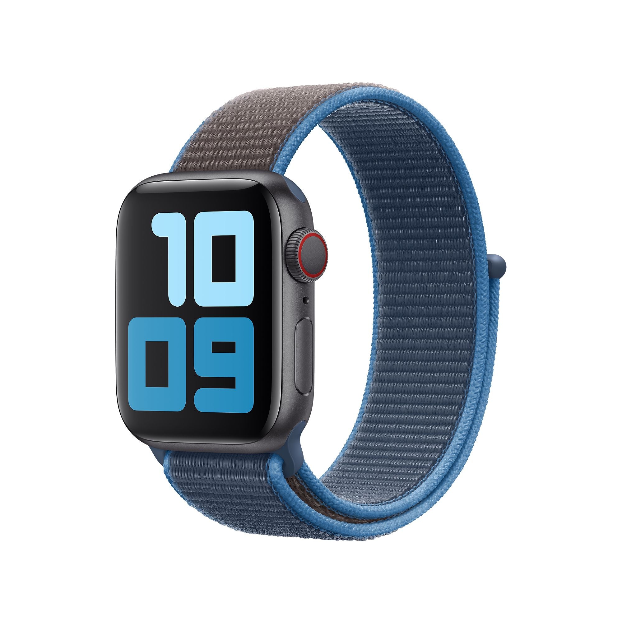 Black smartwatch with blue and gray woven sport loop band displaying 10:09 time