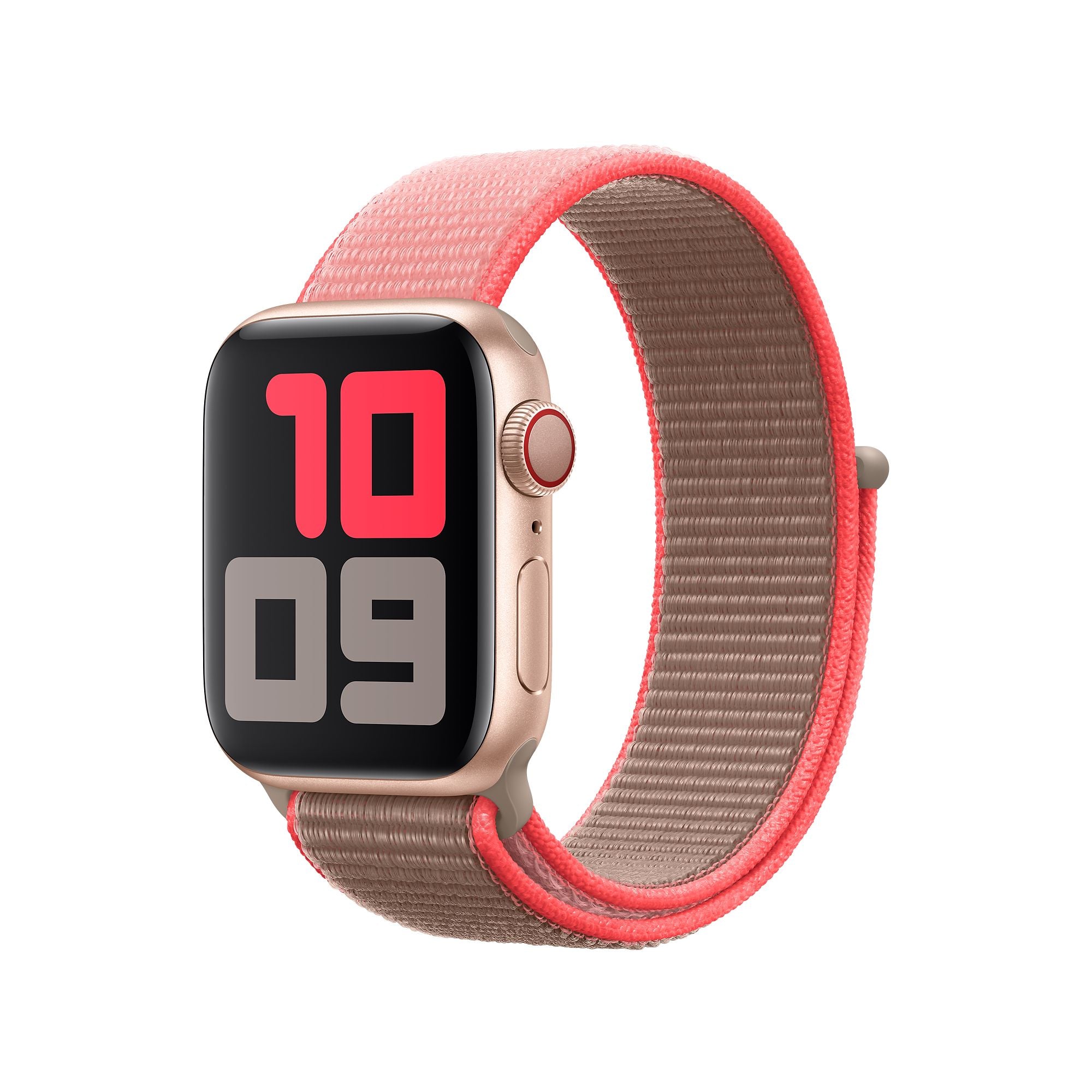 Gold smartwatch with coral pink and taupe sport loop band showing 10:09 on display