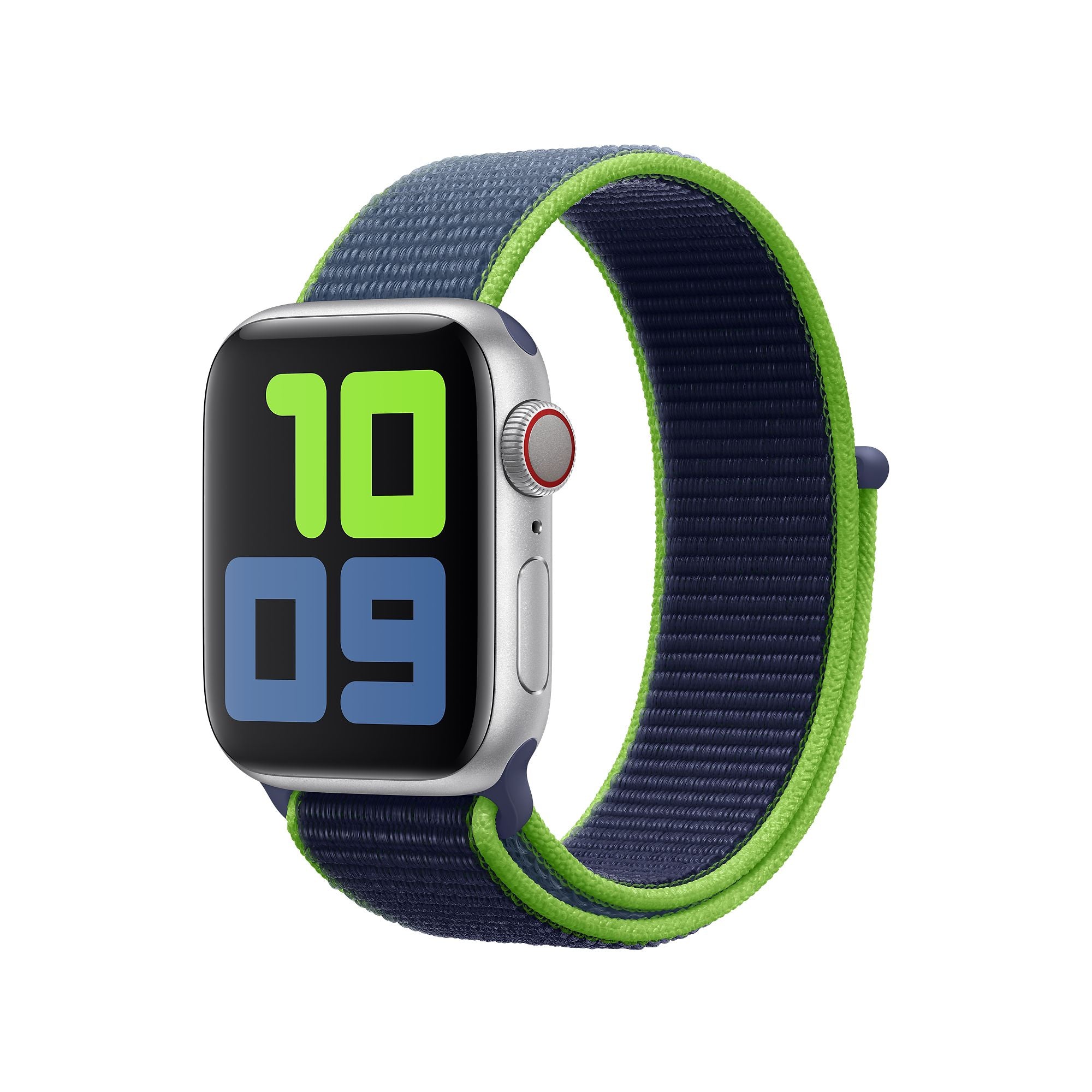 Silver smartwatch with neon green and navy blue woven sport loop band, displaying 10:09 on digital watch face