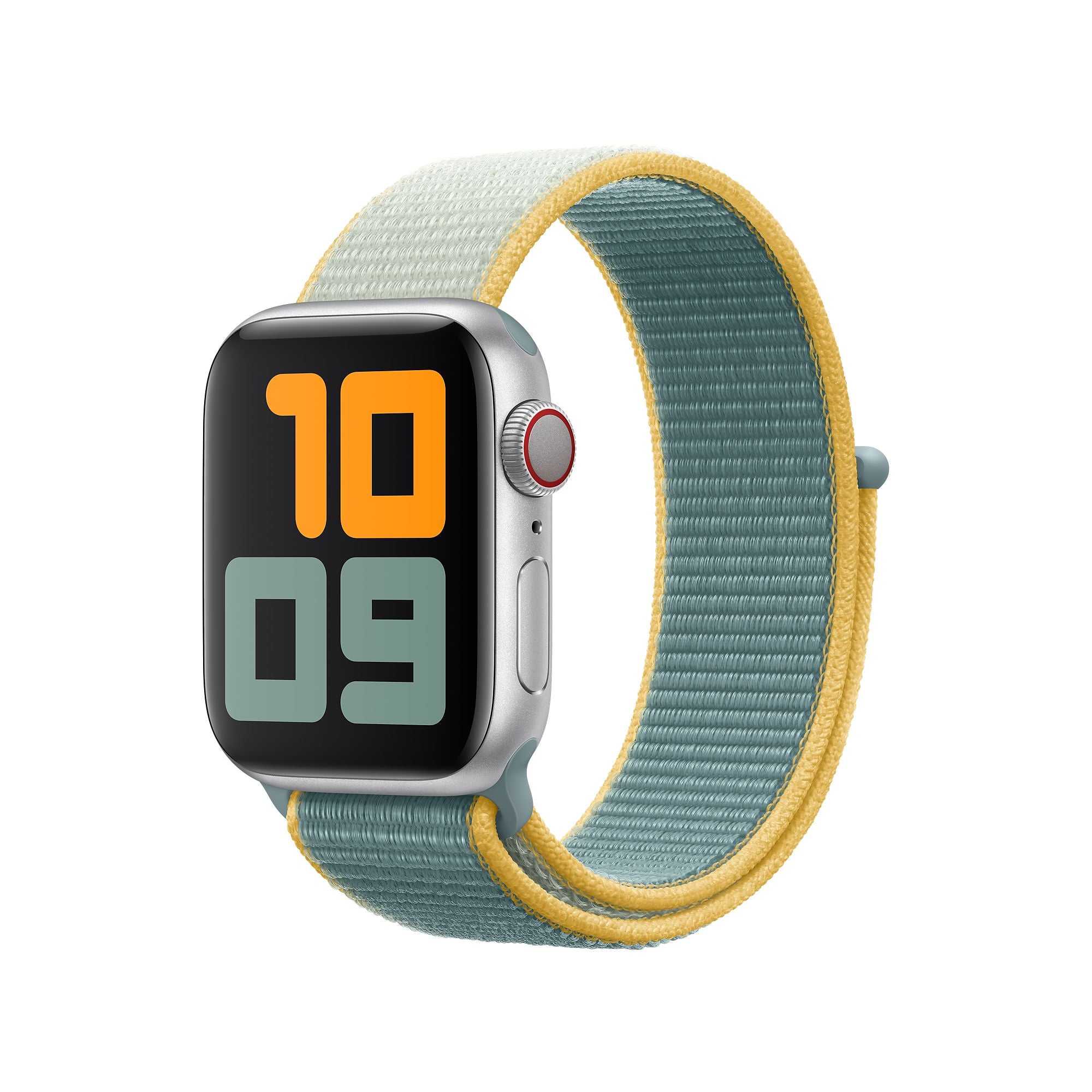 Smartwatch with silver aluminum case and dual-color woven sport loop band in yellow and gray with velcro closure