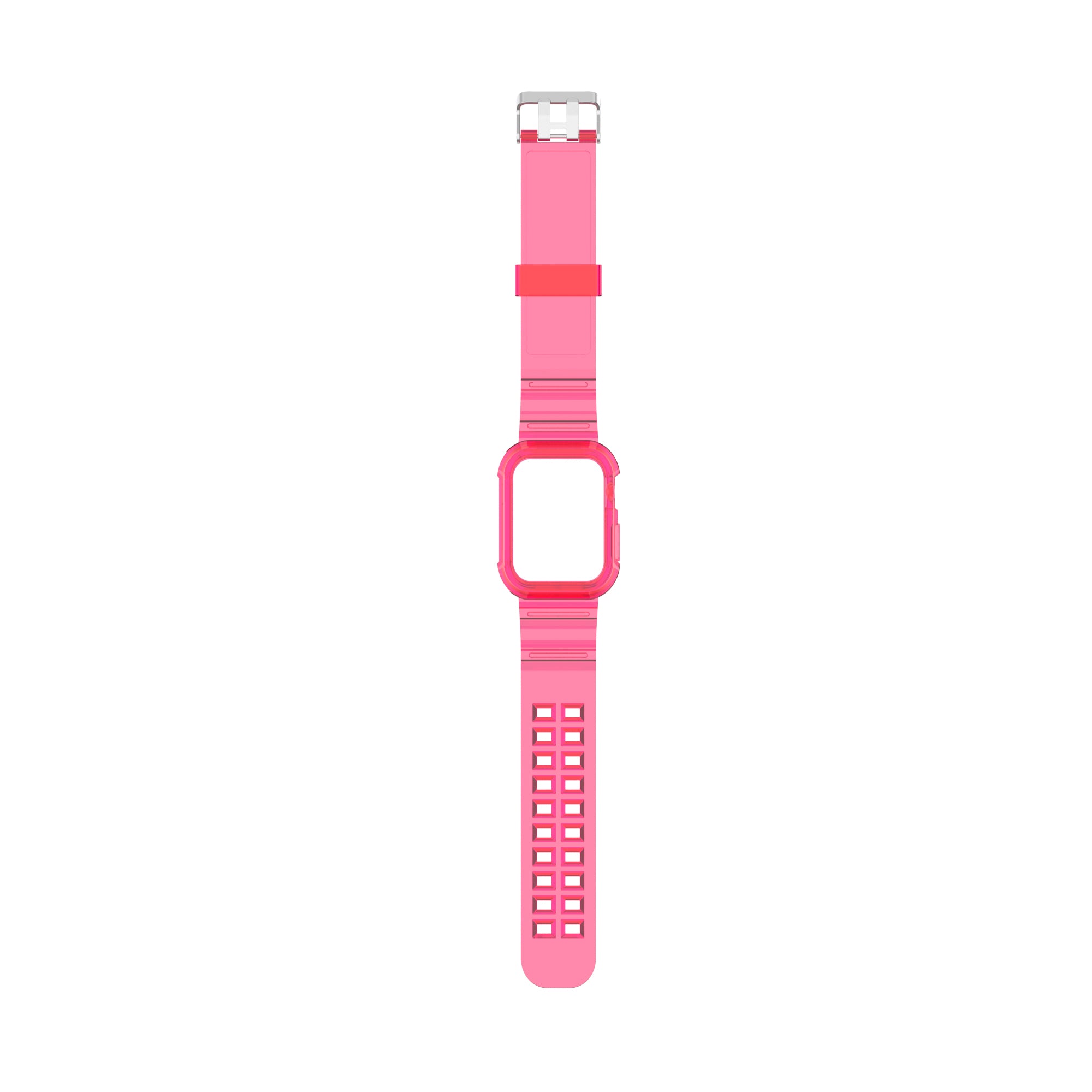 Bright pink silicone Apple Watch band with matching protective case and silver hardware, displaying full strap length and case design