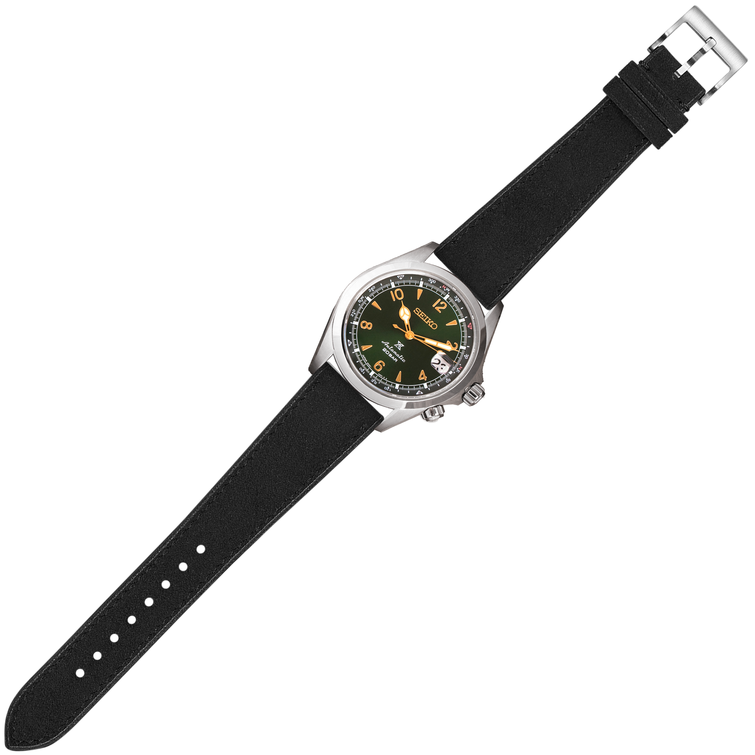 Seiko watch with black dial and orange accents, stainless steel case, quick release Alcantara leather strap