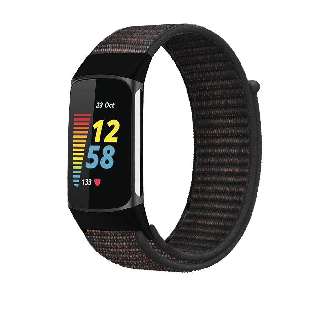 Black sports loop velcro band for Fitbit Charge 5 and Charge 6 fitness tracker with woven fabric design