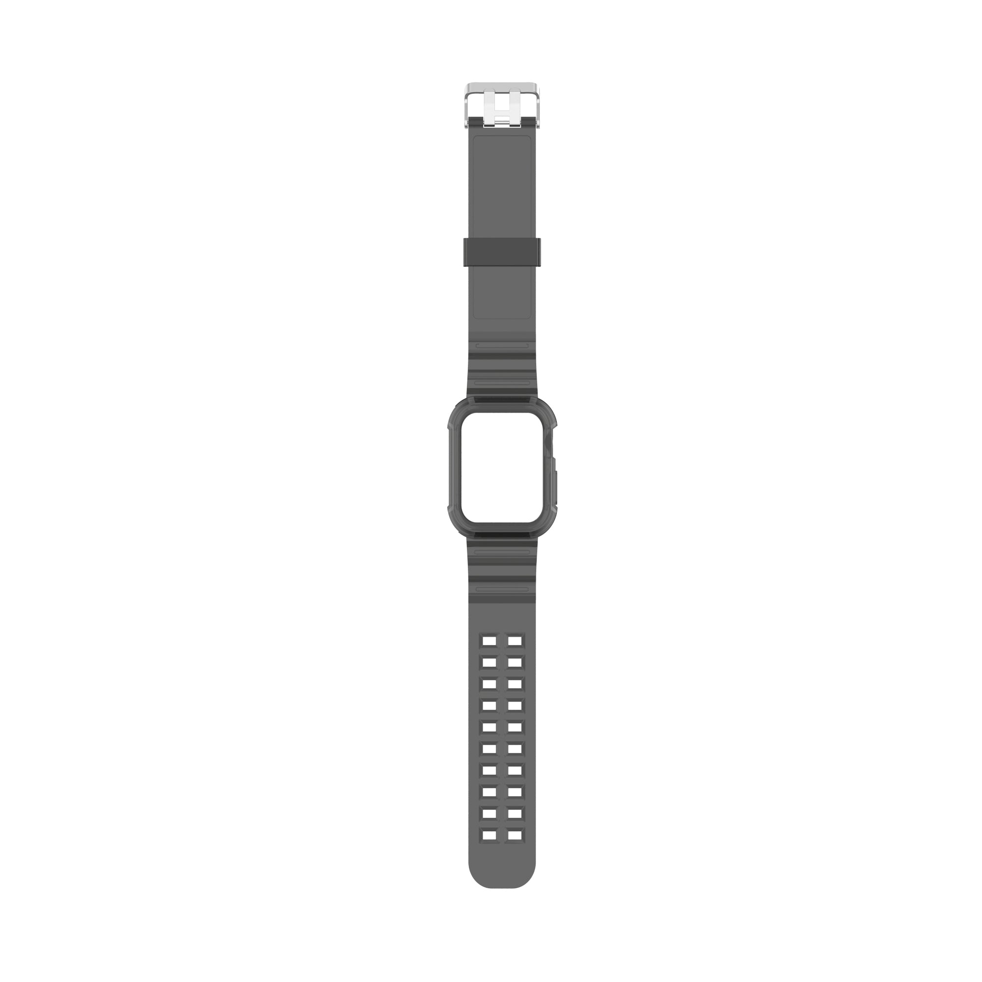 Black silicone sport band with perforated holes for Apple Watch, featuring white connector lugs and gray protective case