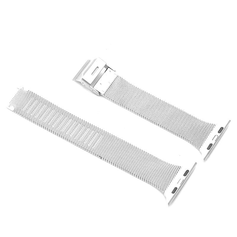 Silver stainless steel mesh Apple Watch band with magnetic clasp closure and adjustable length