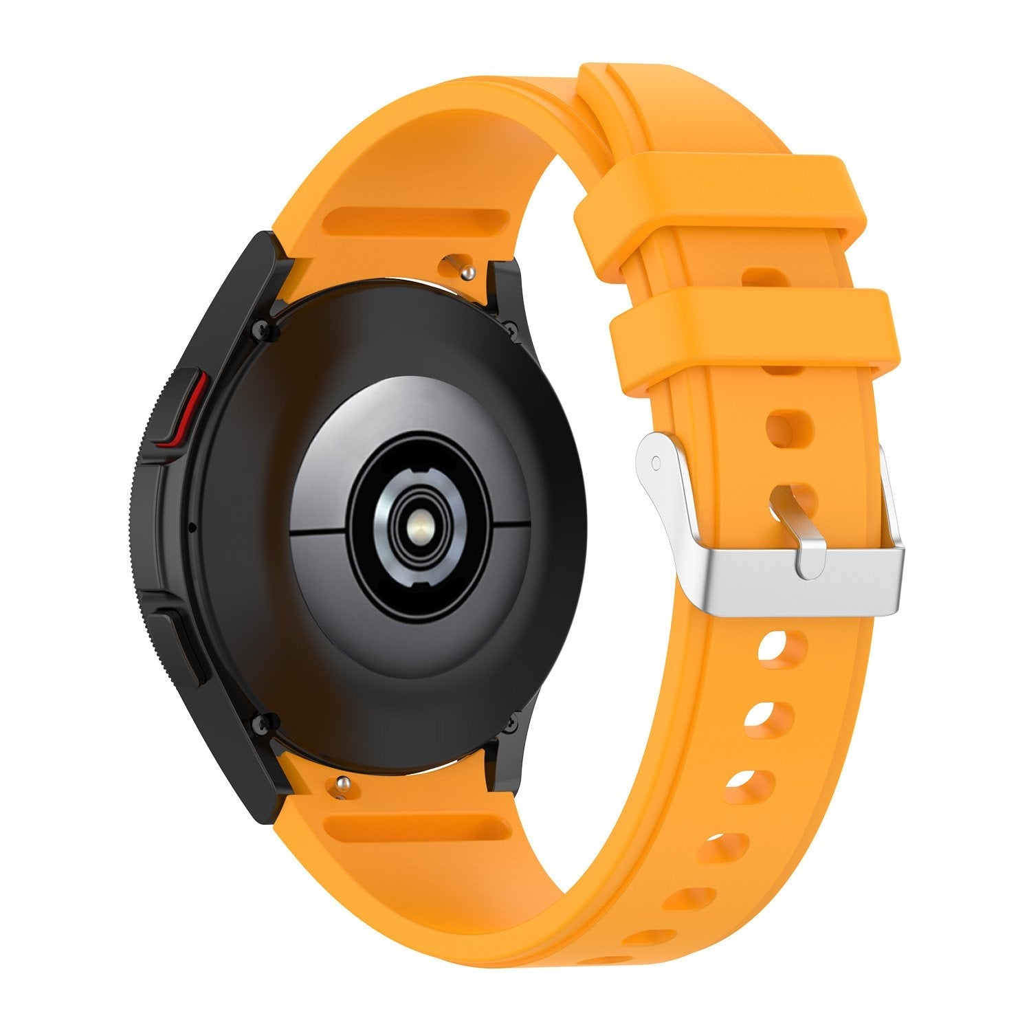 Orange silicone sport watch band with gapless flexi design, silver buckle clasp, compatible with Galaxy Watch and Vivomove smartwatches