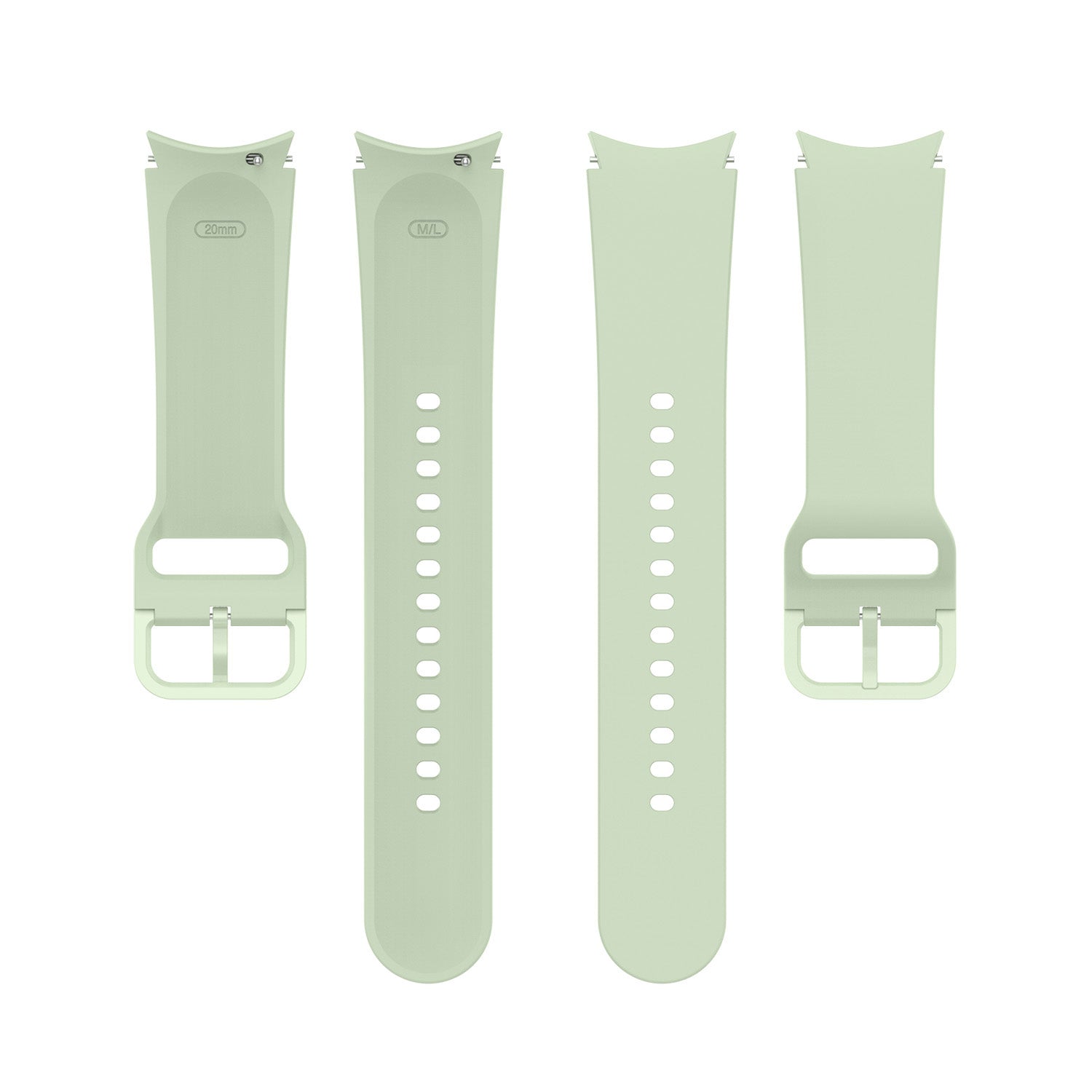Sage green silicone smartwatch band with gapless design, perforated ventilation holes and quick-release pins compatible with Galaxy Watch and Vivomove models