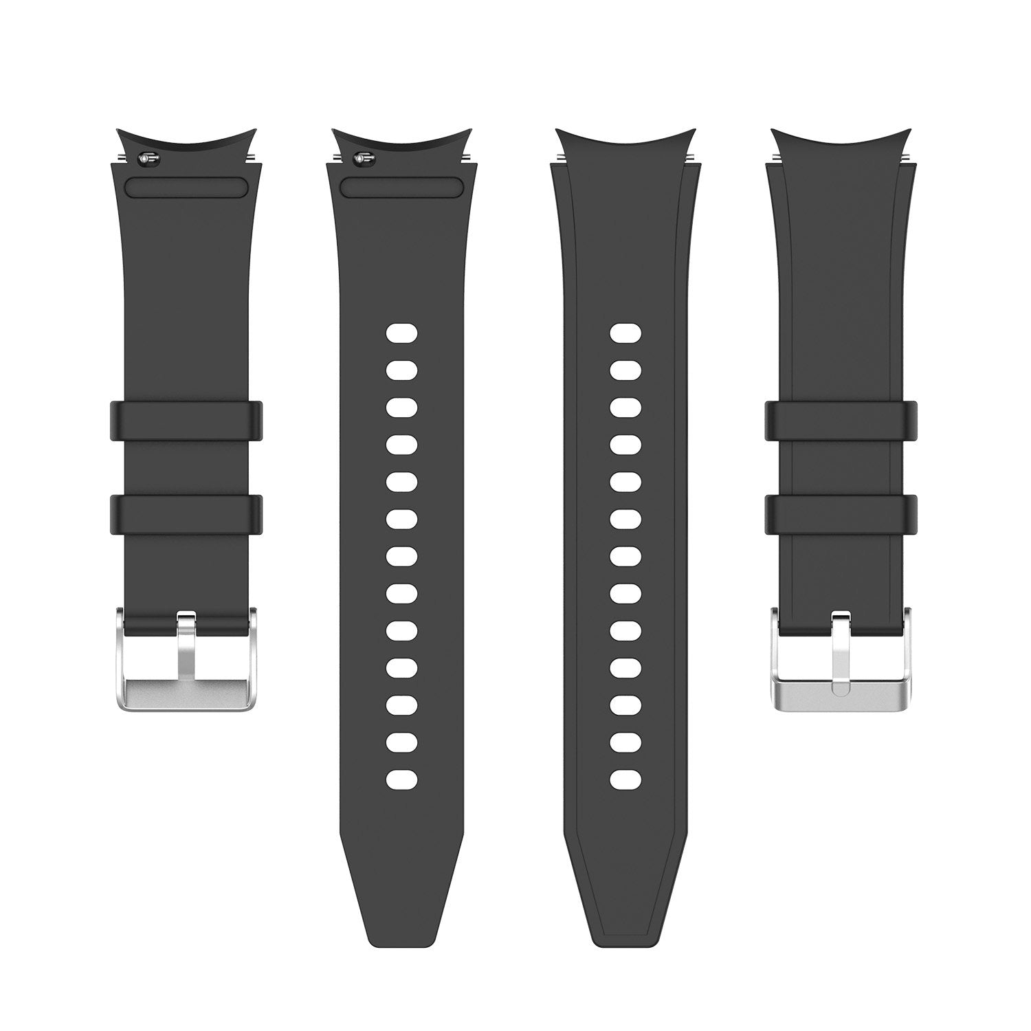 Black silicone smartwatch bands with gapless flexi design, ventilation holes, and quick-release buckles for Galaxy Watch and Vivomove HR