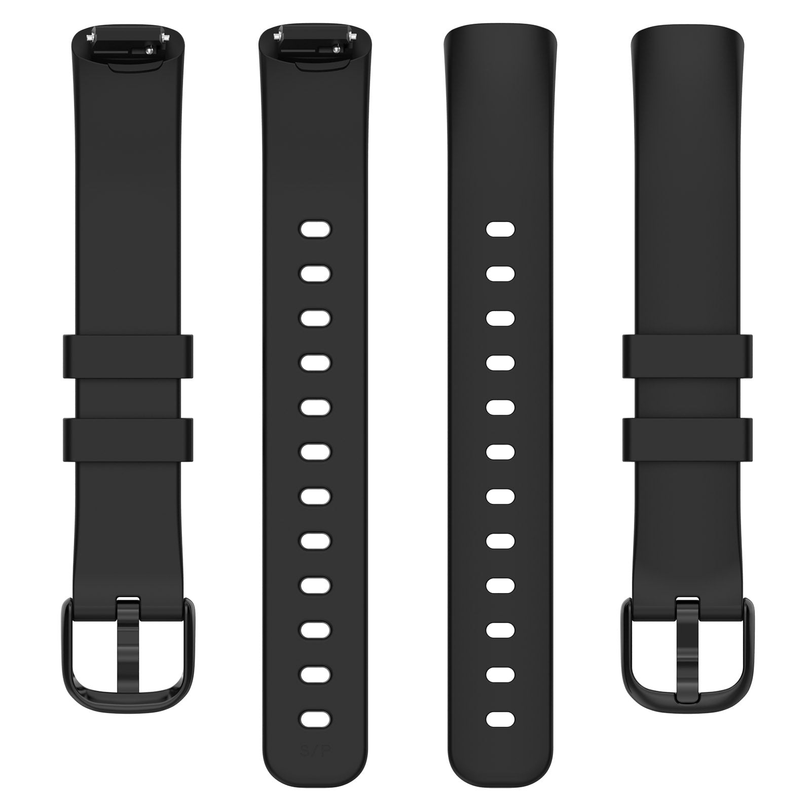 Black silicone smartwatch bands with dual buckle closures and ventilation holes, compatible with Fitbit Inspire 3