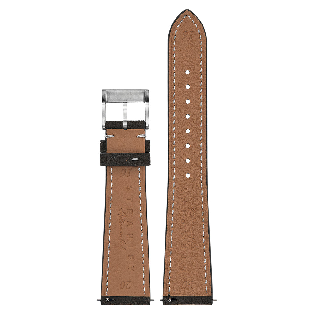 Brown Alcantara leather Apple Watch band with white stitching, silver buckle, and dark suede underside