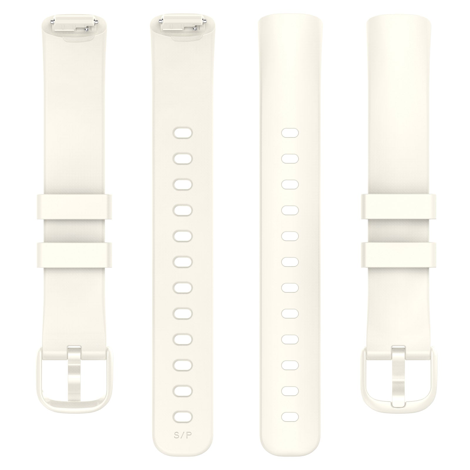Cream silicone Fitbit Inspire 3 watch bands shown from multiple angles with quick-release buckle closures
