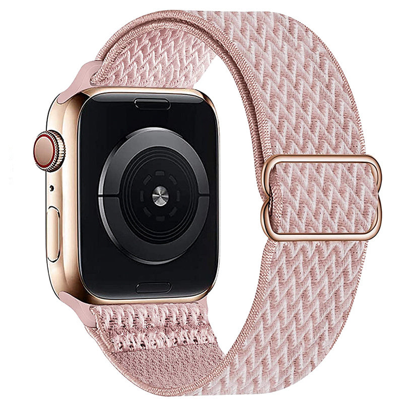 Rose pink woven loop band for Apple Watch with gold aluminum case and digital crown