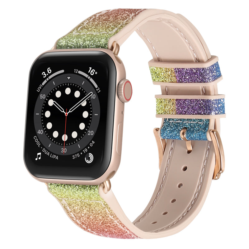 Rose gold smartwatch with rainbow glitter ombre band, featuring black dial with white markers and interchangeable colorful sparkle straps